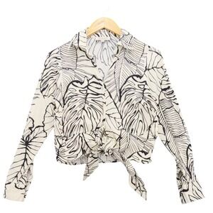 Rachel Zoe Botanical Print Cropped Tie Front Shirt Sz S Cream Black Linen Blend